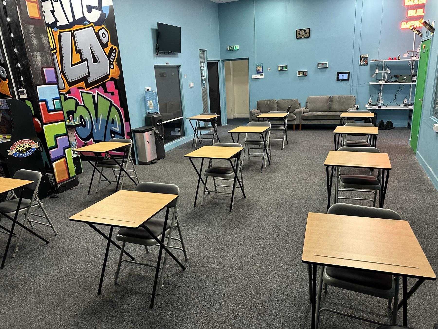 The Robocode exam room — individual desks laid out in JCQ configuration, ready for a sitting.